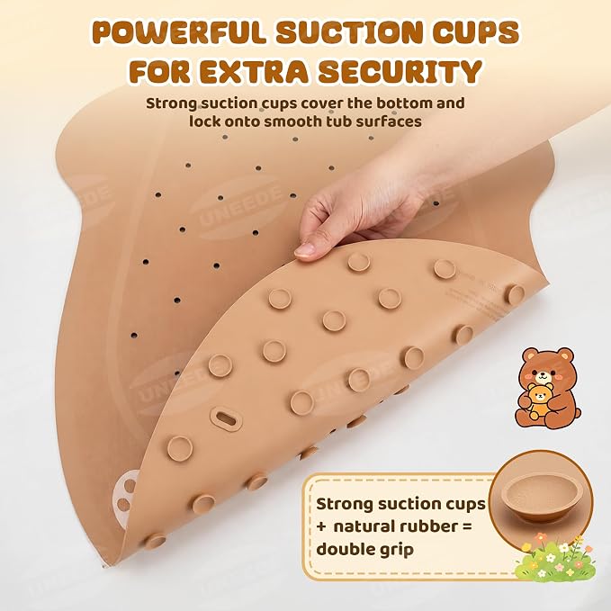 UNEEDE Non Slip Bathtub Mat for Kids, Cute Brown Bear Baby Bath Mat for Tub | Natural Rubber Toddler Bath Mat with 126 Suction Cups and 43 Drainage Holes, Soft Machine Washable Bathroom Essentials