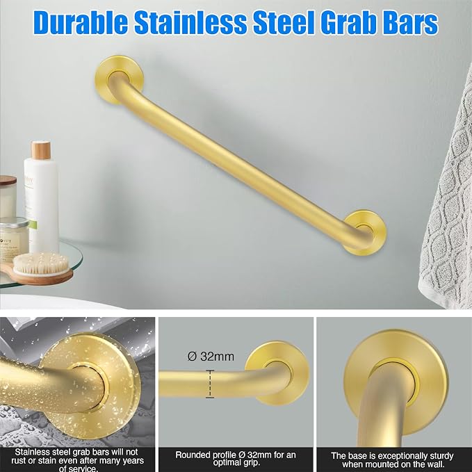 ROTHLEY 18 Inch Grab Bar for Bathtubs and Showers: Stainless Steel Shower Grab Bar Wall Mounted Shower Handle with Concealed Screws Anti Slip Saft Handle for Elderly Seniors (Brass)