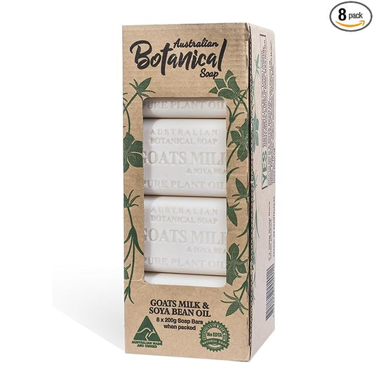 Australian Botanical Soap Goats Milk Bars, 6.6 oz Each, Pack of 8, Triple Milled with Soya Bean Oil & Organic African Shea Butter, Cleansing Bar Soap, Packaging May Vary