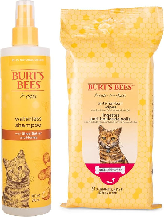 Burt's Bees for Pets Naturally Derived Waterless Cat Shampoo & Anti-Hairball Wipes Bundle - Easy-to-Use Dry Shampoo with Shea Butter & Honey, Grooming Wipes for Hairball Control, Made in USA
