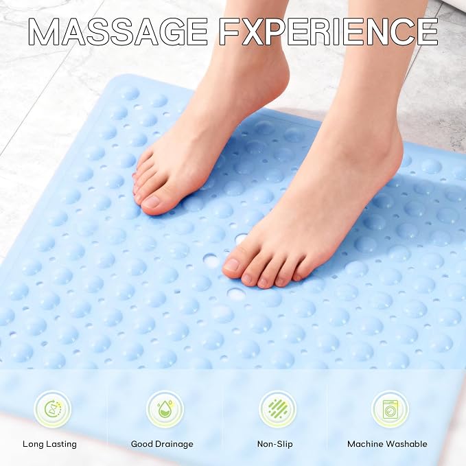 Anti-Slip Bathtub Shower mat, 21×21（ 53×53cm） inch Soft Oversized Machine Washable Non-Slip Bathtub mat with Drainage Holes, Bathroom Floor Suction Cup.（1-Opaque Light Blue）