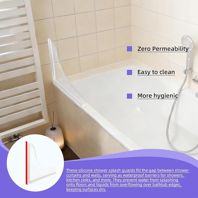 2 Pcs Splash Guard for Bathtub, Durable Acrylic Splash Guard with Adhesive Backing, Featuring 4 Pcs Shower Curtain Clips for Use in Bathtubs to Prevent Water Splashing Out