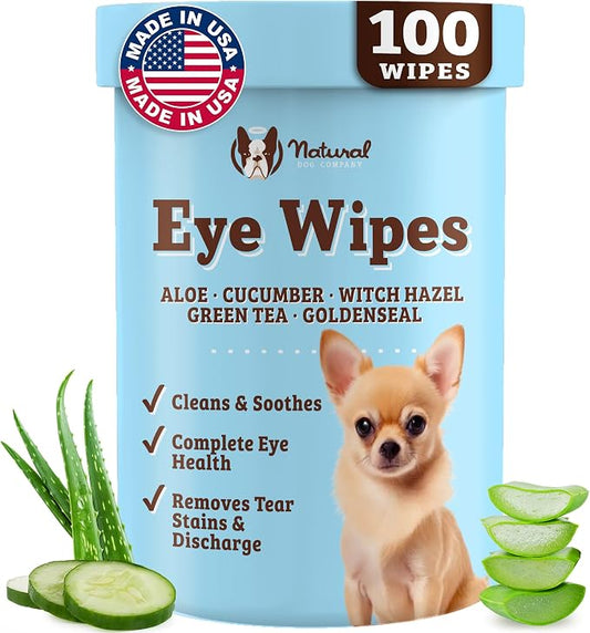 Natural Dog Company Dog Eye Wipes for Tear Stains & Eye Discharge, 100 Count – Gentle Eye Cleaning Wipes for Dogs with Aloe Vera & Witch Hazel, Removes Buildup & Eyes Gunk