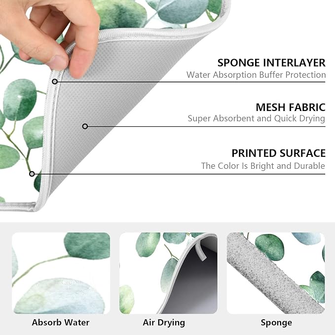 Eucalyptus Leaf Morandi Dish Drying Mats for Kitchen Counter Small Drying Mat for Dishes Microfiber Dish Rack Mat Drainer Pad Washable Foldable Ultra Absorbent Dry Mat 18"x16"