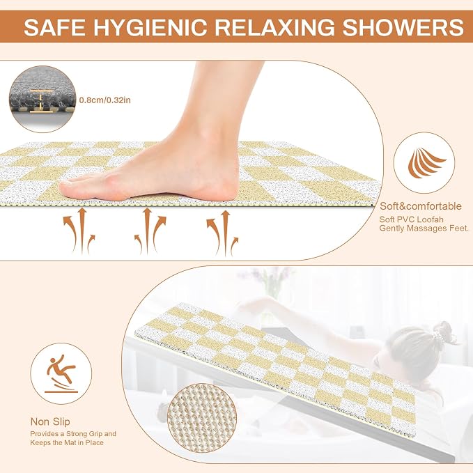 Non Slip Loofah Shower Mats 24"x16", PVC Loofah Bath Mat for Inside Shower, Quick Dry Soft Bath Mat for Bathroom Floor, Tub Pool Kitchen Entryway Home Hotel, Beige Checkered