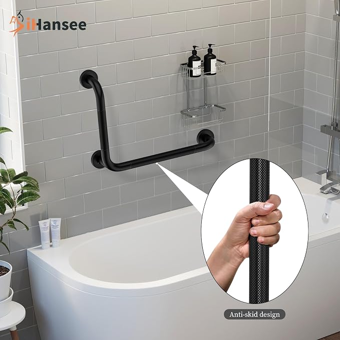 L-Shaped Angled Grab Bar 12x16 Inch Matte Black Anti-Slip Knurled Shower Handles Wall Mount, Stainless Steel Shower Bars for Seniors Injured Balance Support, Handicap Grab Bars for Bathtubs & Showers