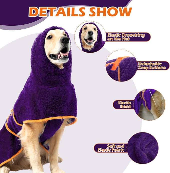 EXPAWLORER Soft Dog Bathrobe with Hood, Super Absorbent & Quick-Drying Dog Towels, Cozy Drying Coat for After Bath,Swimming, Purple XL