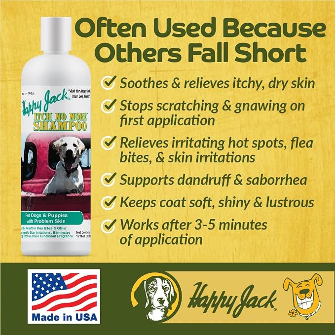 Happy Jack Dog Itch Relief Shampoo & Medicated Treatment, 12 oz | Stops Itching, Scratching & Gnawing Fast, Soothes Flea Bites & Allergies, Skin & Coat Care