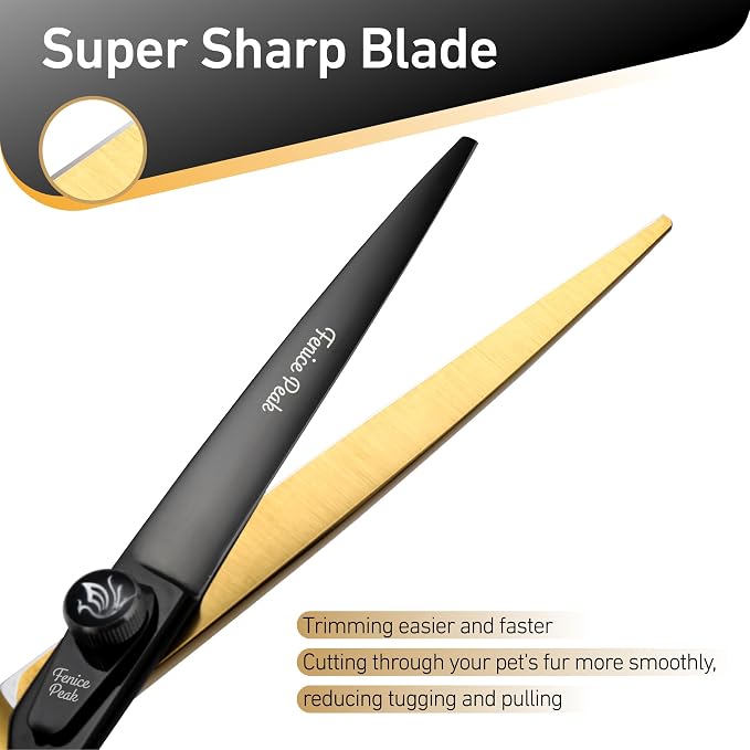 7'' Black Dog Grooming Scissors Goldern Straight Shears with Ergonomic Offest Handle and Pattern Screw Pet Grooming Trimming Shears Durable and Sharp 440C