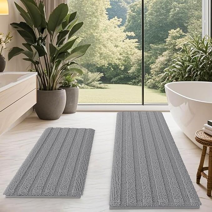 Striped Light Grey Bathroom Rug Mat Set 2 piece 24"x17"+48"x20" Ultra Soft, Non Slip Chenille Bath Rugs, Absorbent Plush Shaggy Bath Mats for Bathroom, Bedroom, Kitchen, Shower, Tub,Light Gray