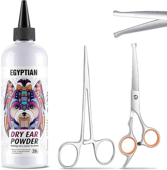 Dog Ear Hair Removal Tool Kit - Ear Powder, Safety Round Tip Scissors & Hemostat, Helps Reduce Wax & Odor, Grooming Kit for Schnauzers, Poodles & Breeds with Ear Hair, Calms Itchy Ears