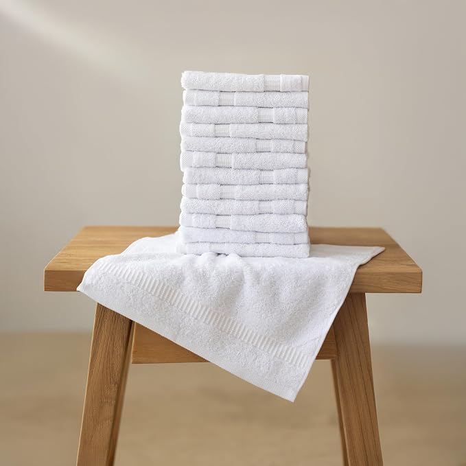 SALBAKOS 12-Piece 100% Turkish Cotton Wash Cloths for Bathroom & Face - Soft 13x13 in Small Towels for Body & Kitchen - Thick, Absorbent Multi-Use Oeko-TEX Certified Washcloths (White, 12 Washcloths)