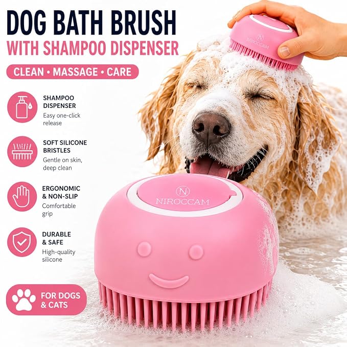 Dog Bath Brush with Shampoo Dispenser – Silicone Pet Grooming Scrubber for Dogs & Cats, Deep Clean + Massage, Easy-Grip Rubber Handle – Pet Shower Tool for Long & Short Hair