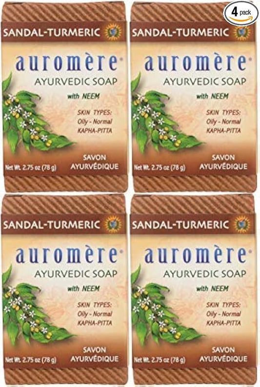 Auromere Ayurvedic Bar Soap, Sandal Turmeric - Eco Friendly, Handmade, Vegan, Cruelty Free, Natural, Non GMO (2.75 oz), 4 pack