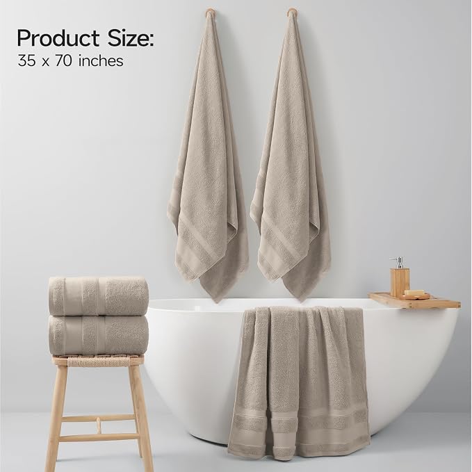 REDKISS 100% Cotton Bath Towels Set of 2, Oversized Bath Sheets 35 x 70 Inches, Soft & Absorbent Large Bathroom Towels, Quick Dry Cotton Towels for Bathroom, Gym, Spa, Pool & Family Use, Camel