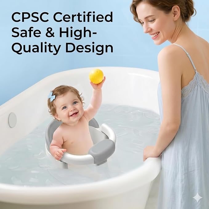 Seated Bath Seat for Baby Sitting Up - Non-Slip Plastic Bath Chair for Baby with Strong Suction Cups & 3 Toys, Safe Bathtub seat for Toddlers Babies 6-24 Months, (Gray, 14.4 x 13.4 x 7.5 Inches)