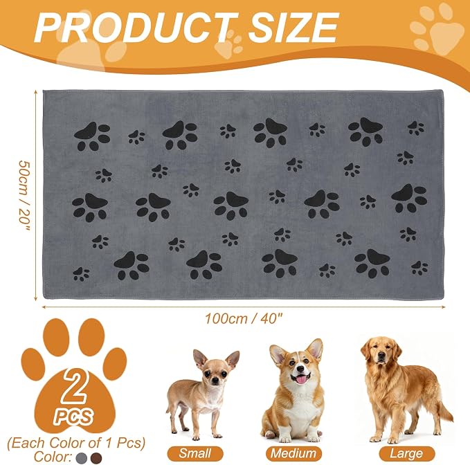 Microfiber Dog Towels for Drying Dogs, 40 x 20 Absorbent Soft Pet Grooming Towel Perfect Dog Shower & Bath Supplies Gray/Reddish Brown, 2 Pcs, Intended for Large/Medium/Small Dogs