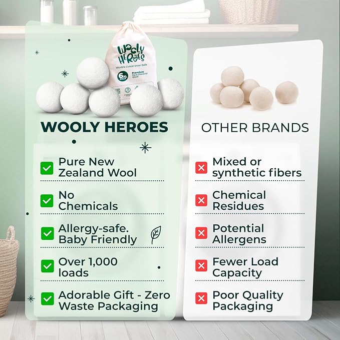 Chemical Free & Baby Safe! Reusable Wool Dryer Balls XL 6-Pack - Reduces Static, Cuts Dry Time, & Softens Naturally