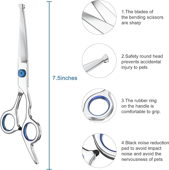 7.5" Curved Dog Grooming Scissors with Safety Round Tips, Light Weight Professional Pet Grooming Shears Stainless Steel for Dogs Cats Pets