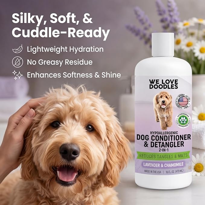 We Love Doodles Dog Conditioner & Detangler, 2-in-1 Conditioner for Allergies & Itching, Lavender and Chamomile, Made in USA, Dog Lotion Treatment, Perfect for Poodles, Doodles & Goldendoodles,16oz