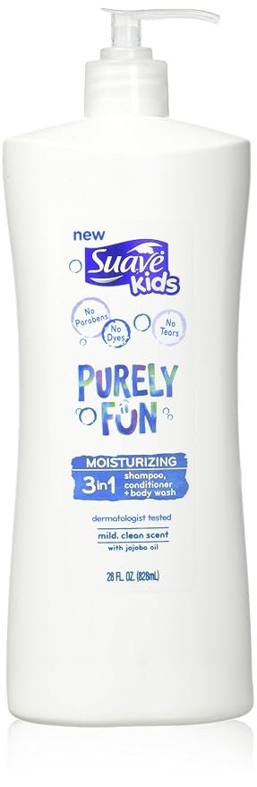 Suave Kids 3-in-1 Shampoo Conditioner Body Wash Makes Bath Time Quick and Easy, Purely Fun Paraben Free and Dermatologist Tested Kids Shampoo 3 in 1 Formula, 28 Fl Oz