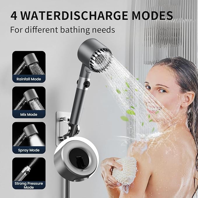 High Pressure Shower Head, Shower Head High Pressure, Showerhead with Handheld and 4 Filters, 4 Spray Modes & Pause Switch, Silicone Scalp Massager, 59" Hose & Bracket for Hard Water & Pets, Gray