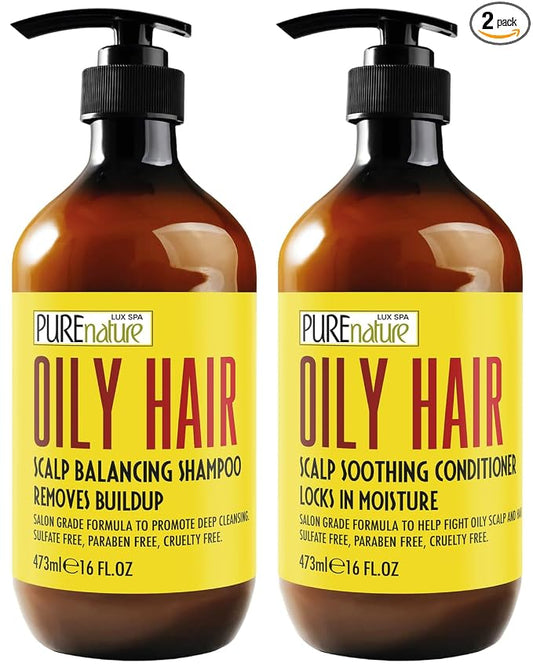 Oily Hair Shampoo and Conditioner Set - Sulfate Free Moisturizing Cleanse for Oily, Flaky Scalps - Fights Dandruff and Itchiness - Salon Professional Formula - For Men and Women - 16 Fl Oz (Set of 2)