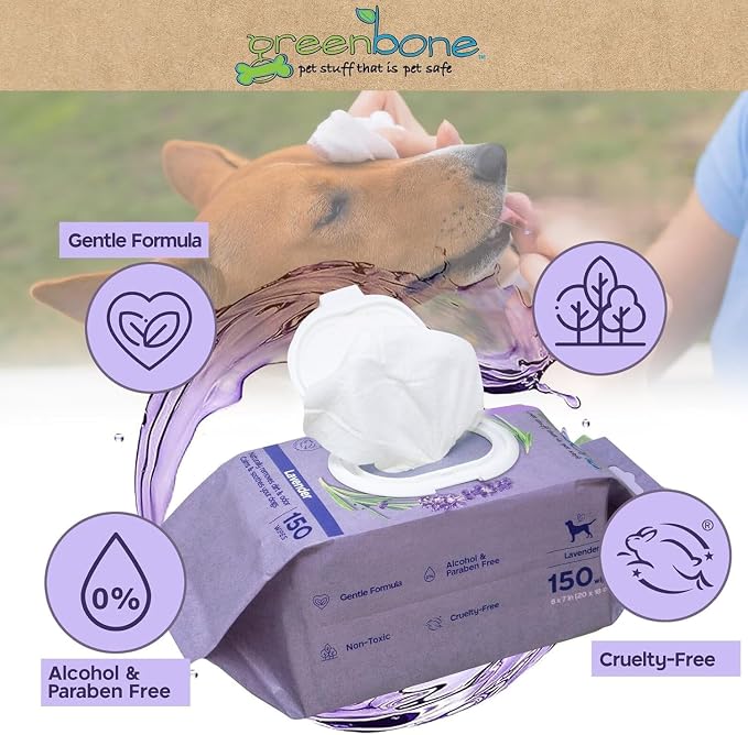 Greenbone Pet Dog Wipes French Lavender Natural for Grooming Paws, Body and Butt, Cleaning Deodorizing