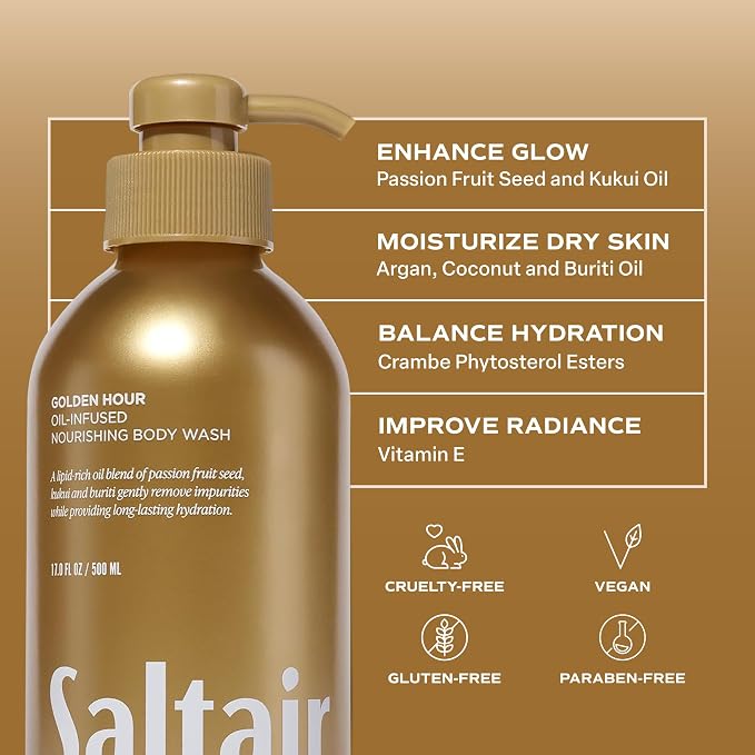 Saltair Body Wash 2-Pack – Moisturizing Body Wash with Vitamin E & Hydrating Oil Blend – Scented Shower Gel for Women and Men – Golden Hour Scent, 2x 17oz – Vegan, Cruelty-Free, Paraben-Free