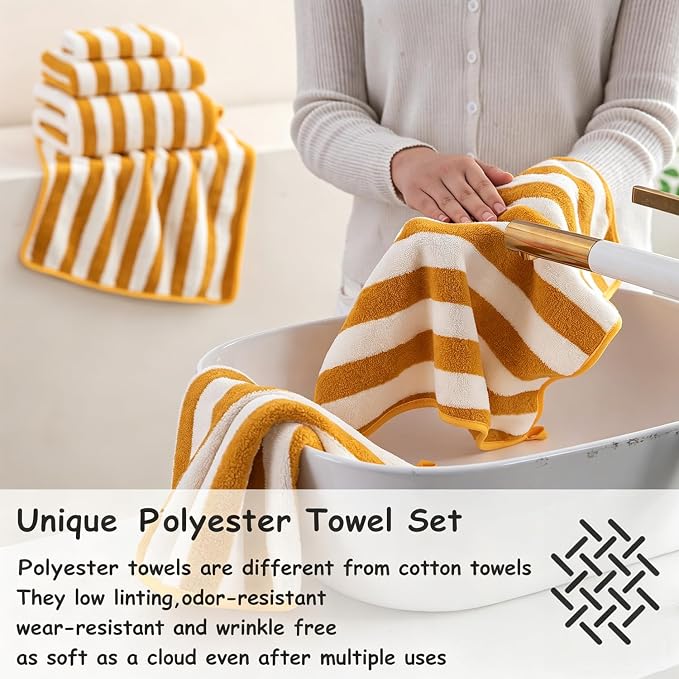 18 Pcs Yellow Stripe Bath Towel Set with Hanging Loop-6 Bath Towels,6 Hand Towels,6 Washcloths Soft Family Towel Set Bathroom Towel Highly Absorbent Quick Dry Shower Towel for Beach Spa Gym Hotel