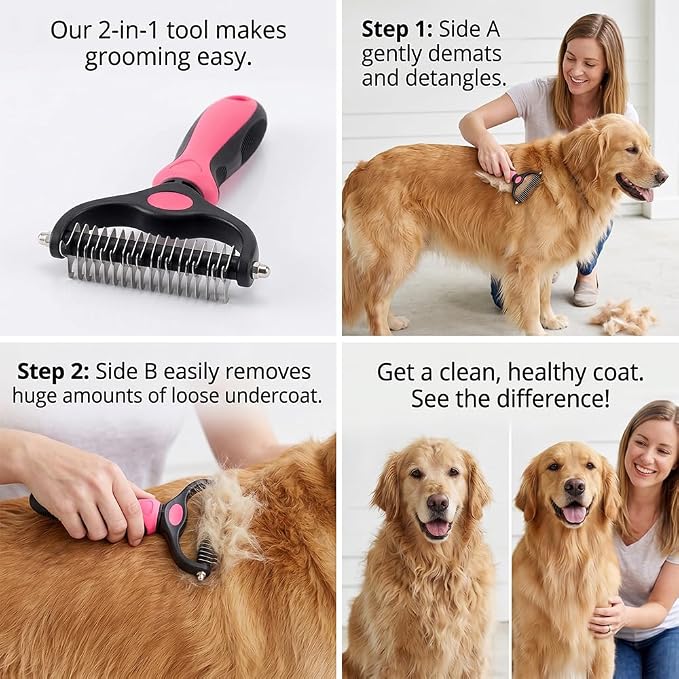 Dematting Comb for Dogs and Cats, Undercoat Rake Pet Brush for Long Hair, Deshedding Dog Brush Removes Tangles Knots and Loose Fur, Grooming Tool for Thick Coats (Blue M*2)
