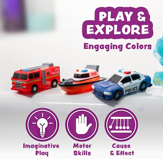 Tub Works® Emergency™ Cars Light Up Bath Toys, 12 Pack | Water-Activated Light Up Toys Flash & Change Color | Easy-Grip Baby & Toddler Bath Toys | Sensory Toys with Bath Lights for Kids Bath