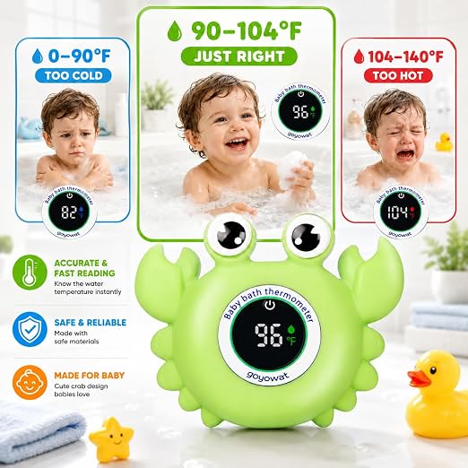 Baby Bathtub Thermometer with LED Display Screen+Green Crab toy-2-in-1 | Color Coded Alarm (Cold/Comfortable/hot) Bath Temperature Monitor, Adorable Floating Toys for Infants, Essential for Babies