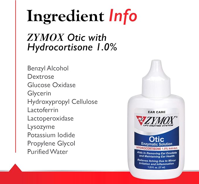 Zymox Otic Enzymatic Solution for Dogs and Cats to Soothe Ear Infections with 1% Hydrocortisone for Itch Relief, 1.25oz | with 1% Hydrocortisone for Itch Relief, 1.25oz