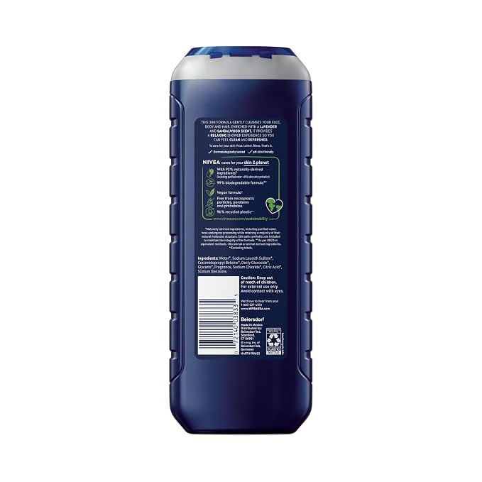NIVEA MEN Relax Body Wash, Lavender and Sandalwood Scent, 3-in-1 Men's Body Wash, Face and Hair, Paraben Free, Vegan Formula, pH-Skin Friendly, 16.9 Fl Oz Bottle, Pack of 3