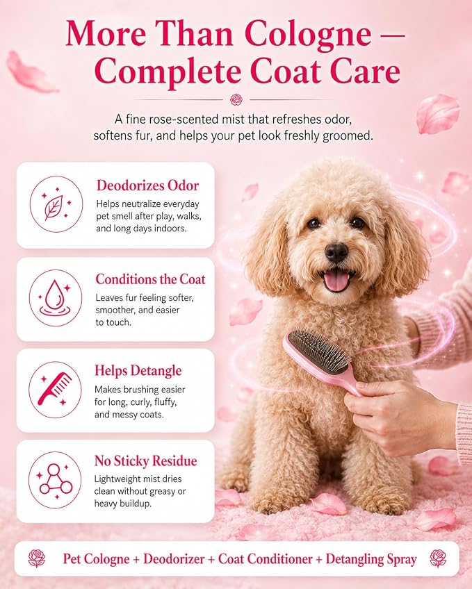 Pet Cologne for Dogs & Cats, Soft Rose Deodorizing Spray, Long-Lasting Fresh Scent, Non-Sticky Coat Conditioning & Odor Control Formula | Travel-Friendly, 3.38 fl oz