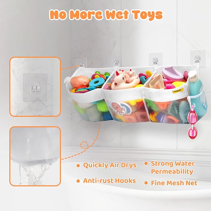 Bath Toy Organizer 3 Compartment Bath Toy Storage Bag Shower Caddy Quick Access Bathtub Toys Holder Baby Shower Games Tub Quick Dry Baby Bathroom Toys Storage Accessory White
