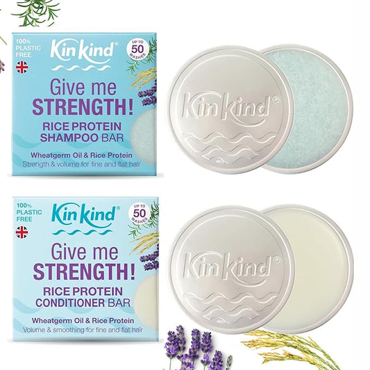 KinKind Give me STRENGTH Rice Shampoo and Conditioner Bars. Up to 50 washes. Travel Solid Shampoo and Conditioner Bar Set with 2 soap shampoo bar tins. No leakage & less space.