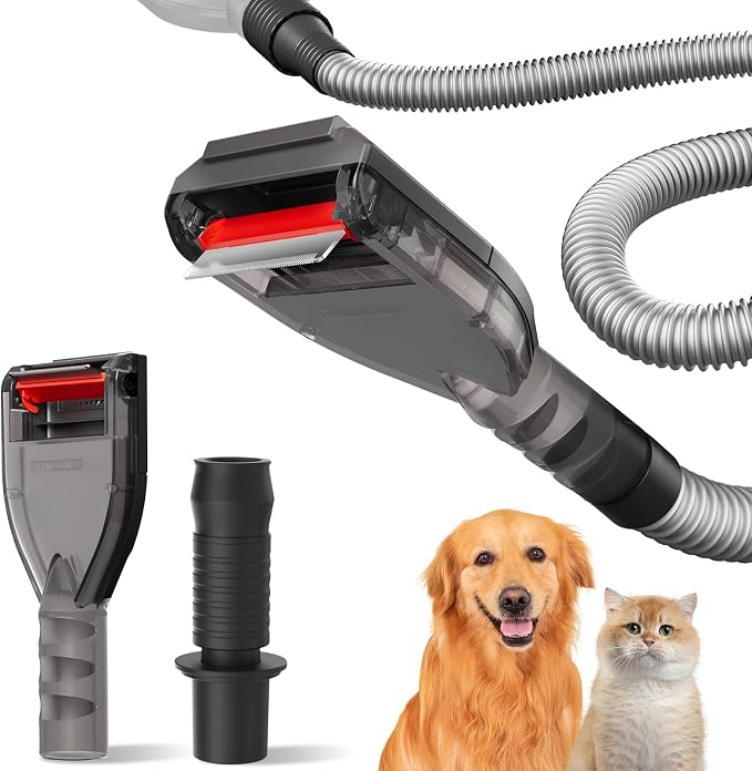 Portek Dog Grooming Vacuum Attachment for 1" to 1 3/4" Vacuum Cleaners, Pet Hair Shedding Brush Tool Kit with Long Extension Hose and Adapter