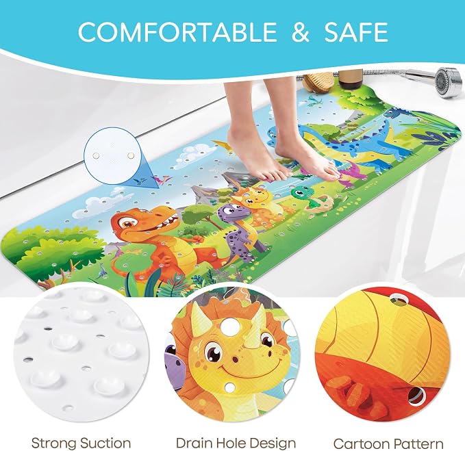 SHUCHING Baby Bath Mat for Tub Non Slip-40 X 16 Inch, Dinosaur | Bathtub Mat for Kids & Toddler Mold Free, Long Shower Mat for Inside Shower with Suction Cup, Machine Washable