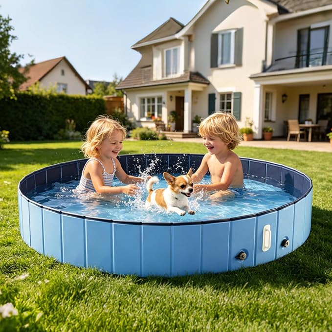 DEWEL Portable Foldable Dog Pool Bath Tub for Dogs Cats & Pets, Collapsible PVC Kiddie Bath Tub Pool with MDF Reinforced Panels, Non-Slip Bottom for Bathing Swimming Outdoor Backyard Patio Play