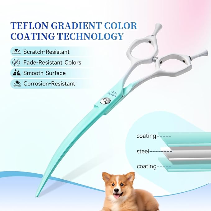 7'' Curved Dog Grooming Scissors Green to White Gradient | 440C Stainless Steel, Sharp Durable, Professional or Home Use, Ergonomic Handle with 2 Silicone Finger Rings