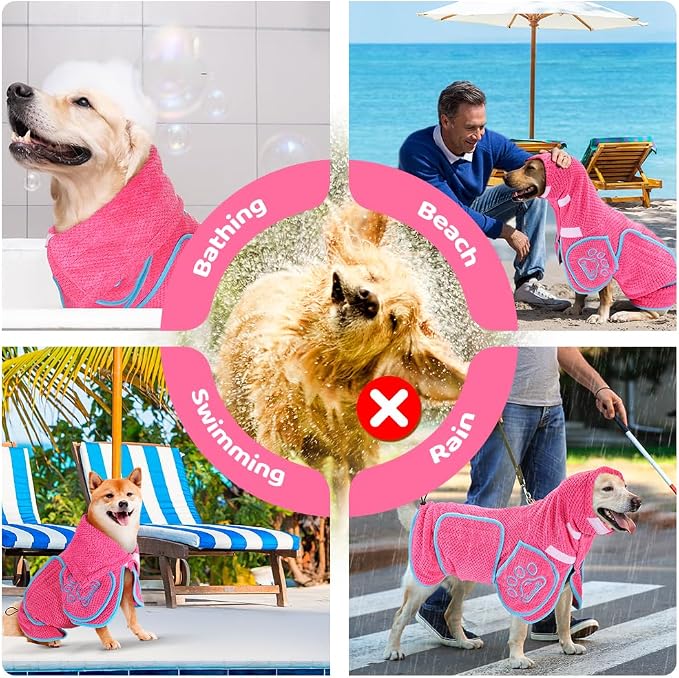 SlowTon Dog Bathrobe Drying Coat – Super Absorbent Microfiber Towel Wrap with Adjustable Collar & Belly Strap, Fast Drying Bath Robe for After Bath Swim, for Large, Medium, Small Dogs (Pink 3XL)