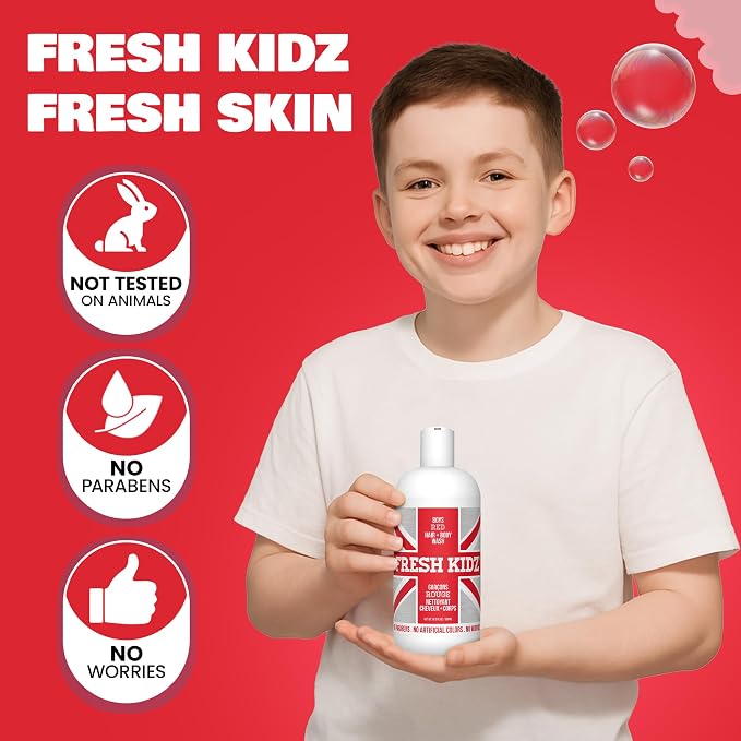 Fresh Kidz Boys Red Body Wash & Shampoo, 16.9 fl oz – Aluminum & Baking Soda Free Kids Body Wash for Boys, Teens & Tweens, Gentle Daily Cleanser for Sensitive Skin, Fresh Woody Musk Scent