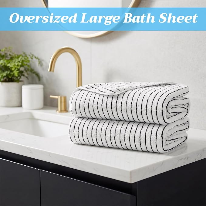 2 Pack Oversized Bath Towels 40 x 80 in Coral Fleece Extra Large Black and White Striped Bath Sheets Microfiber Quick Dry Absorbent Shower Towel for Beach Pool Hotel Bathroom Spa Gym