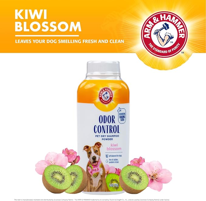 Arm & Hammer for Pets Odor Control Dry Shampoo Powder for Dogs and Puppies Waterless Dog Deodorizer Baking Soda Paraben Sulfate Dye Free Kiwi Blossom Scent 4.2 OZ at Home Travel Routine