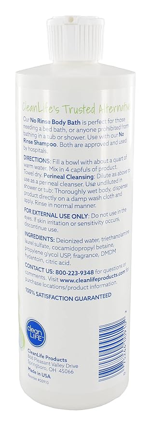 No-Rinse CleanLife Products Body Bath, 16 fl oz (Pack of 3, Makes 48 Complete Baths) – Gentle, Concentrated Liquid Body Wash Made in USA – Ideal for Post-Surgery, Elderly Care, Camping, and Travel