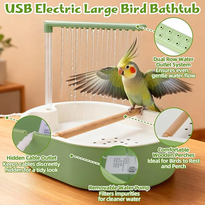 Automatic Parakeet Bird Bath with Quiet Running Water Pump Tub | Electric Parrot Bathtub Toy with Shower for Small Medium Birds, Cockatiel, Budgie, Conure, Lovebird, Quaker
