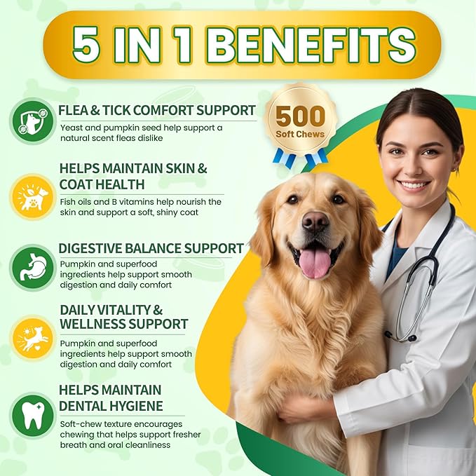 Flea & Tick Prevention for Dogs Chews – 500 Tasty Chicken Flavor Soft Chews, with Pumpkin Seed Extract, Fish Oil, and Vitamins for Dogs, Puppies, All Breeds & Ages.