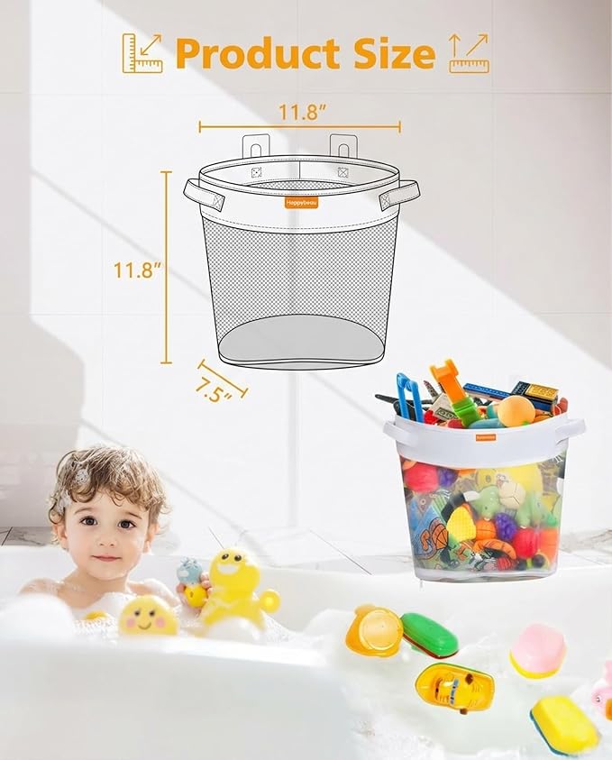 Bath Toy Organizer with Quick Release Zipper, Large Mesh Baby Bath Toy Storage Bag, Wall-Mounted Foldable Bathroom Organizer for Bathtub Toys, Fast Drying Holder with Adhesive Hooks